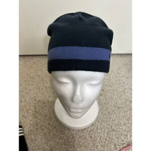 Nike Beanie Hat Black Blur Striped Knit‎ Cuffed Winter Warm Logo